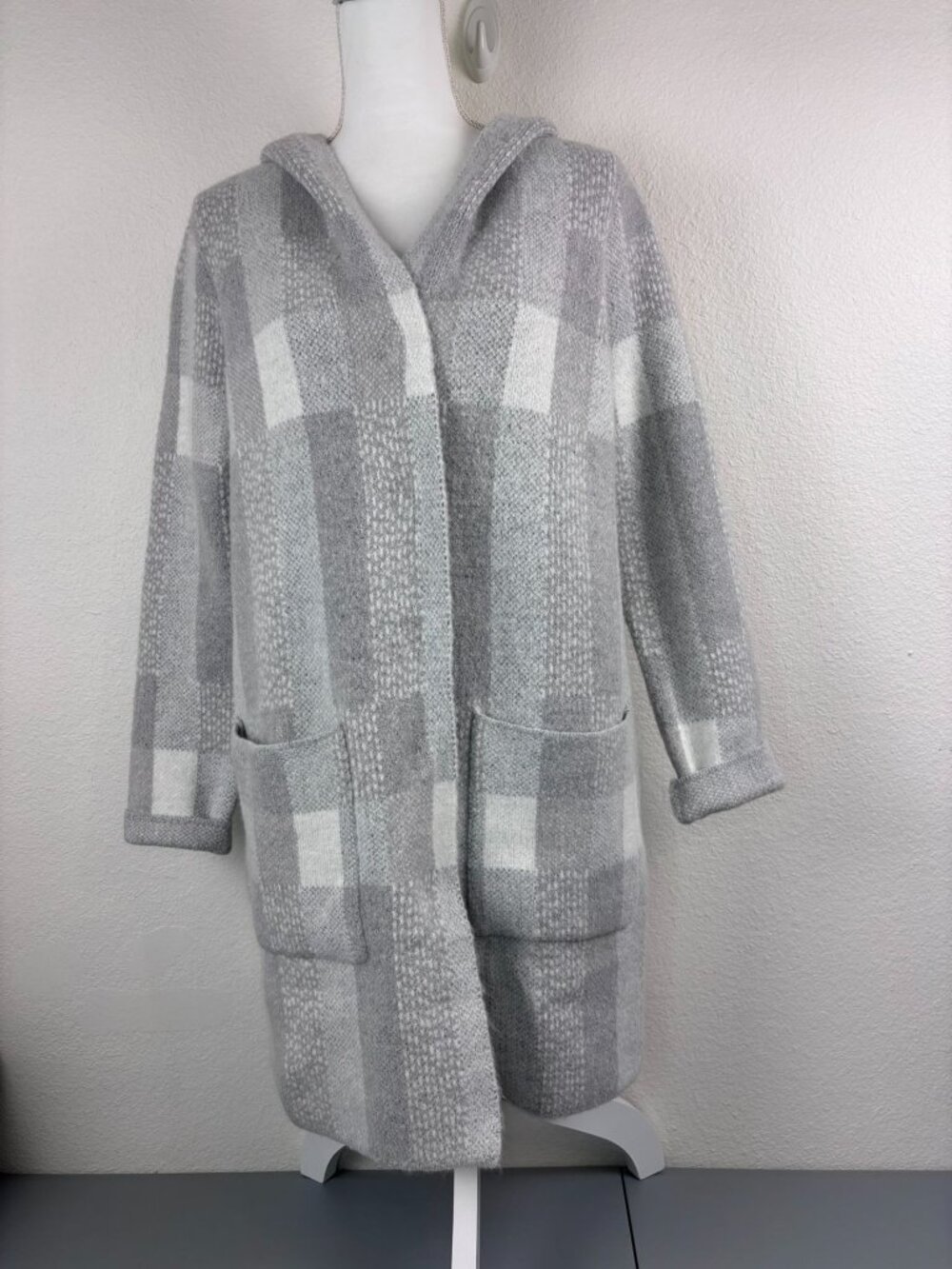 Soft Surroundings small grey plaid duster snap‎ hooded knit cardigan sweater